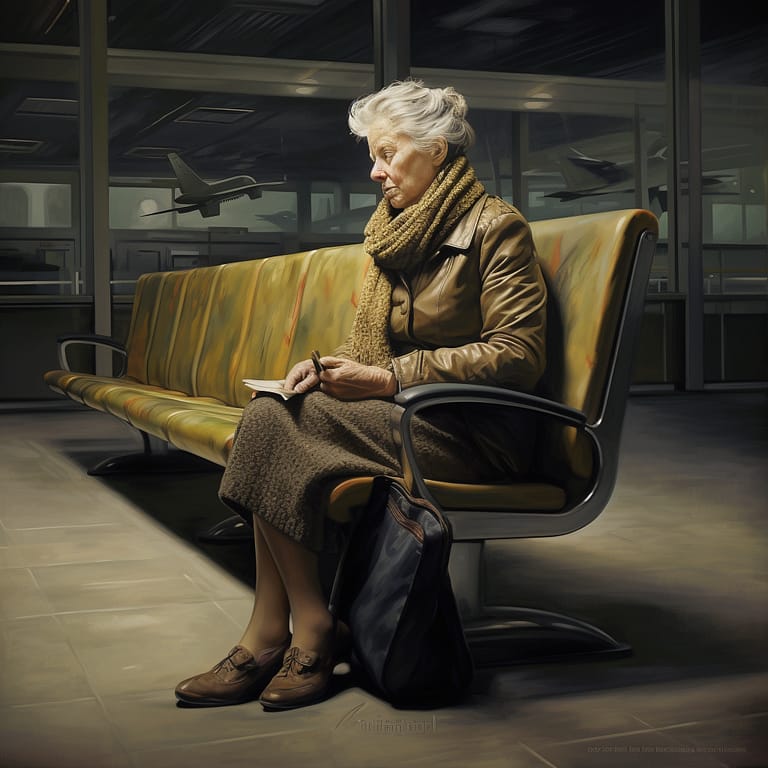 Une dame assise dans un aéroport